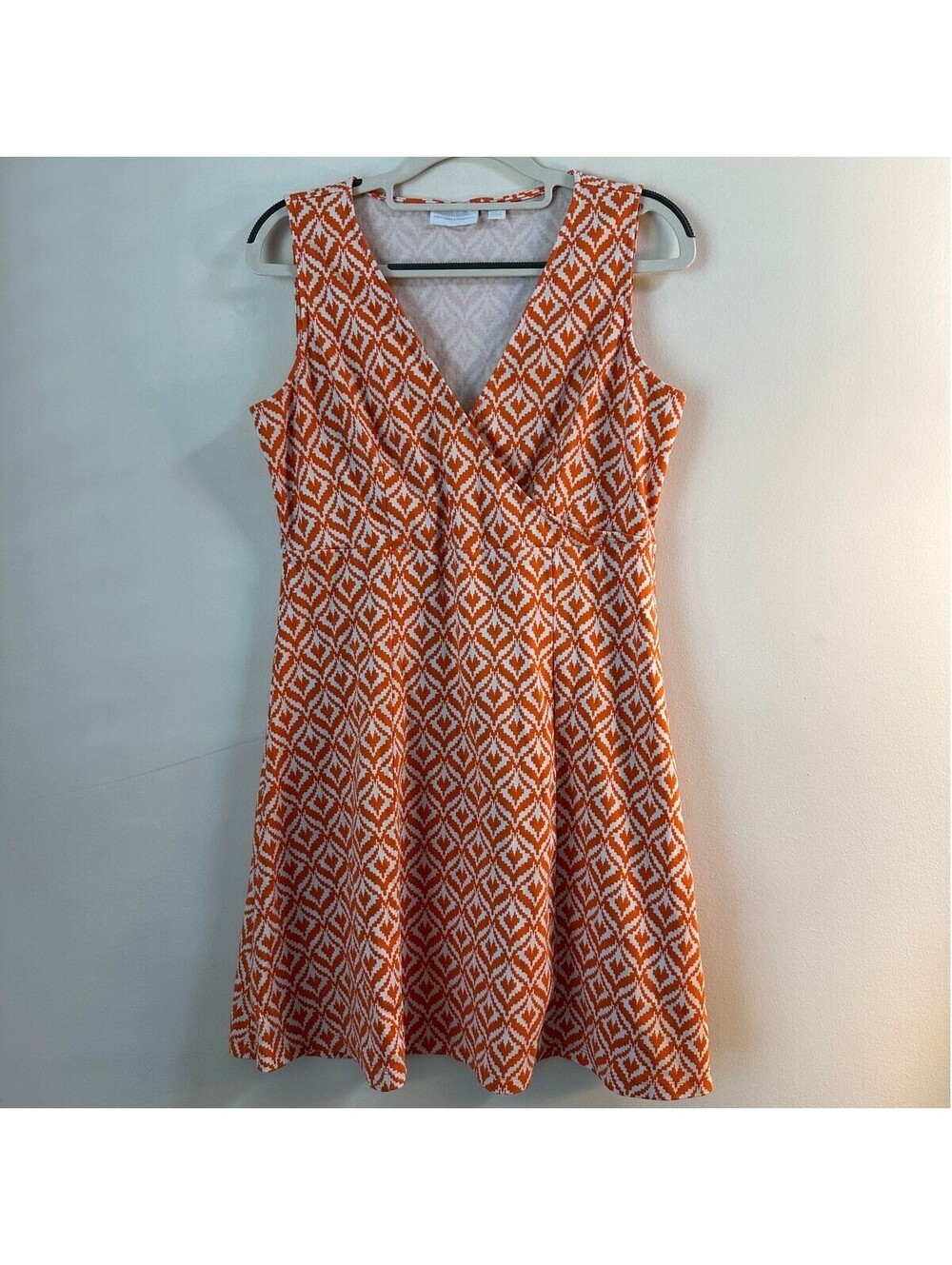 New York & Company Womens L Orange White Geometric Cotton Faux Wrap Dress